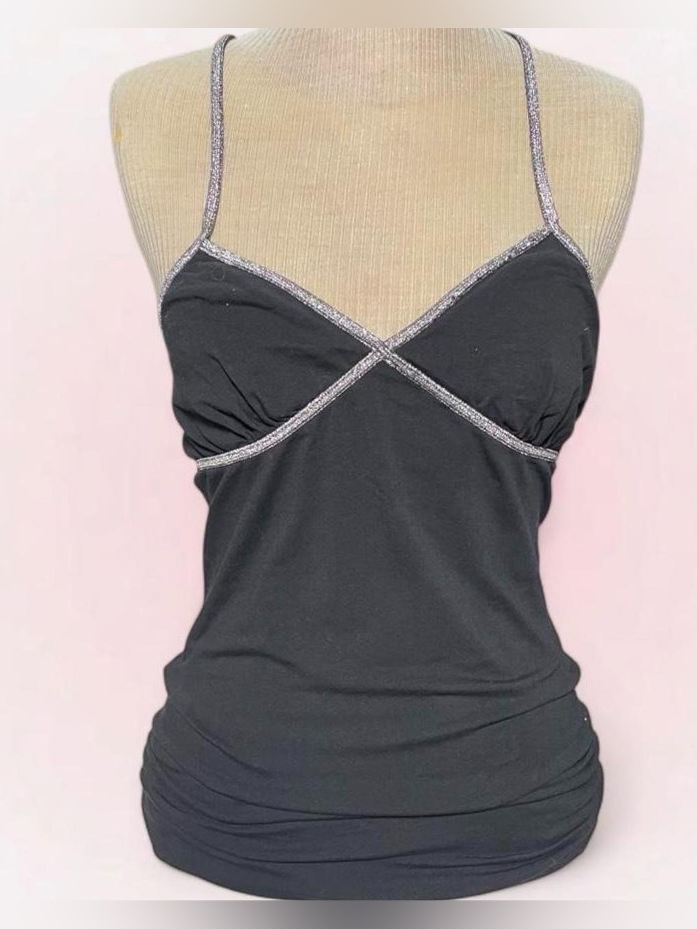 Y2K Black Sparkle-Trim Spaghetti Strap Halter Top